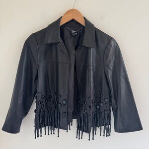 Worth Black Leather Jacket with Beaded Tassels